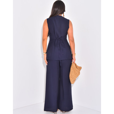 Ensemble en lin pantalon et blouse sans manche à boutons dorés