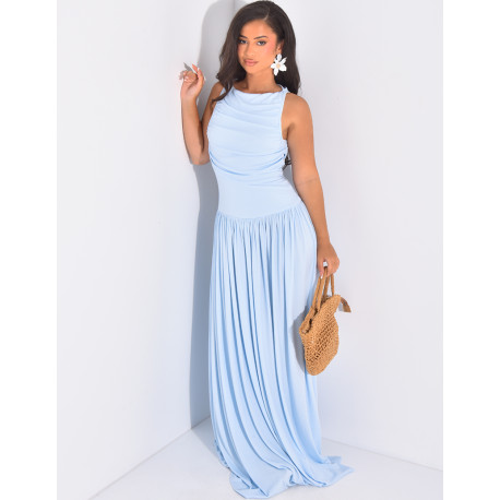 Robe longue asymétrique froissée au col