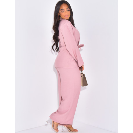 Ensemble effet lin cache-coeur à fleurs en relief à la taille