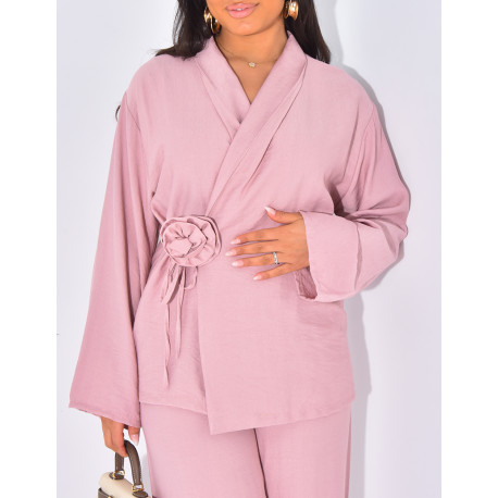 Ensemble effet lin cache-coeur à fleurs en relief à la taille