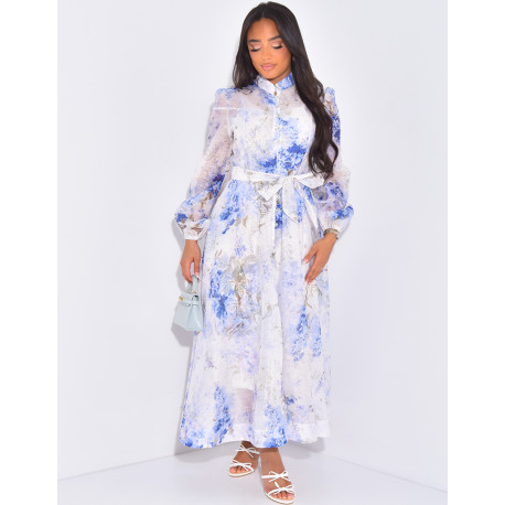 Long dress in lined voile adorned with rhinestones and belted at the waist