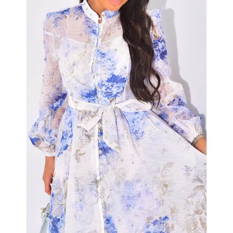 Langes Kleid aus gefüttertem Voile mit Strassverzierung und Taillengürtel.