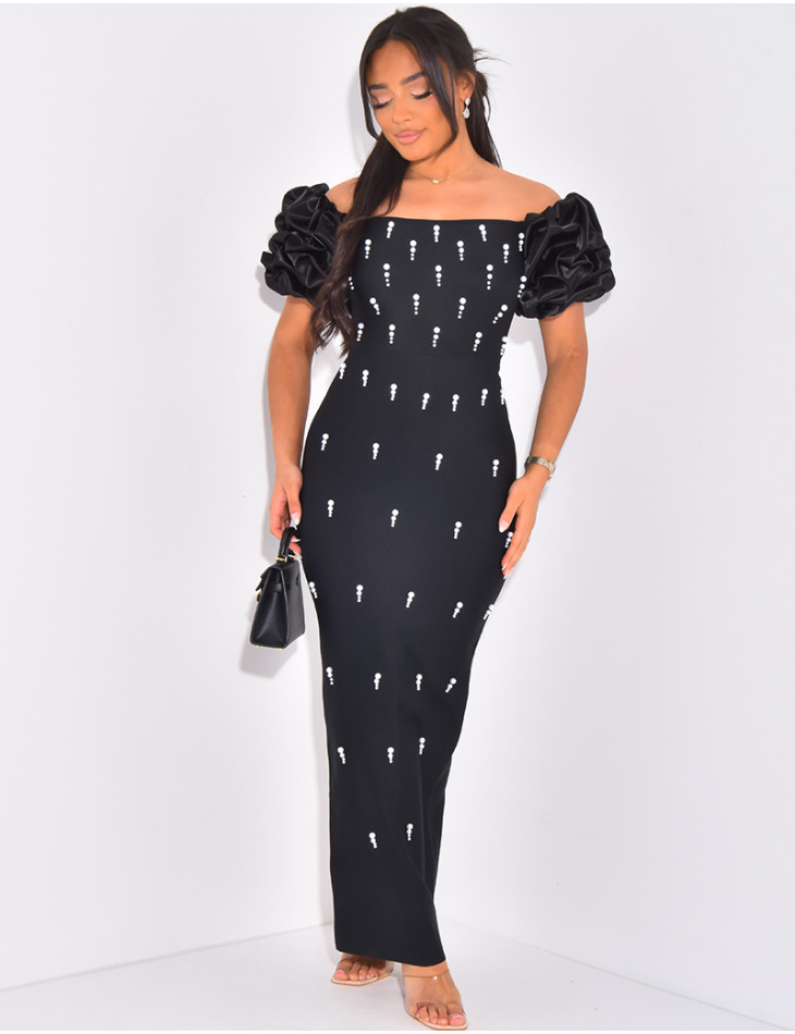 Beaded long dress with puffed shoulders