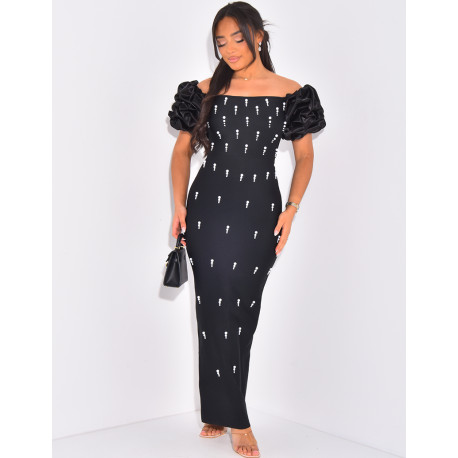 Beaded long dress with puffed shoulders