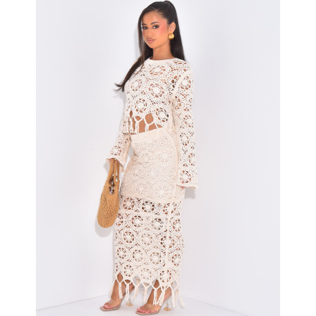 Set aus Top und Rock in Häkeloptik mit Fransen.