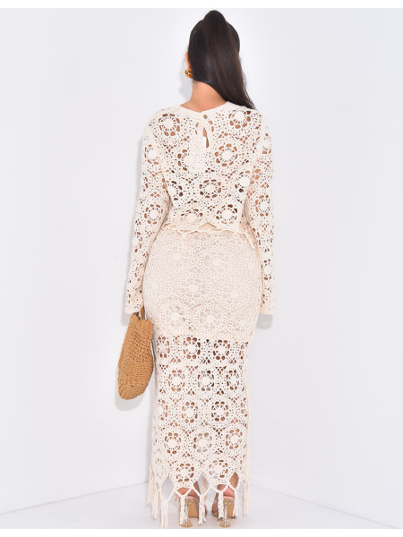 Set aus Top und Rock in Häkeloptik mit Fransen.