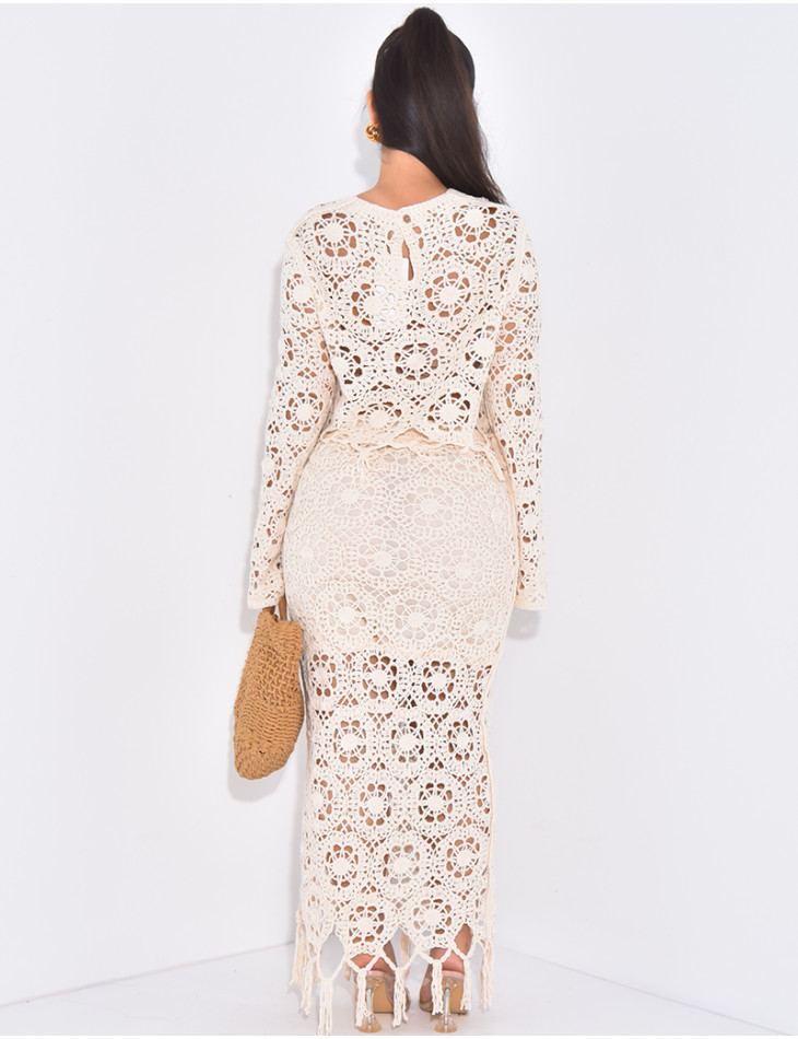 Set aus Top und Rock in Häkeloptik mit Fransen.