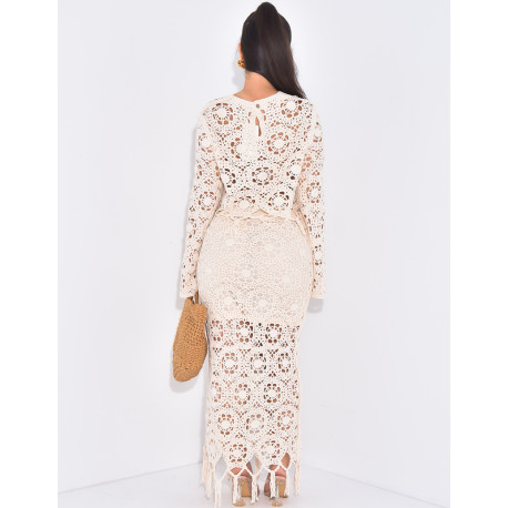 Set aus Top und Rock in Häkeloptik mit Fransen.