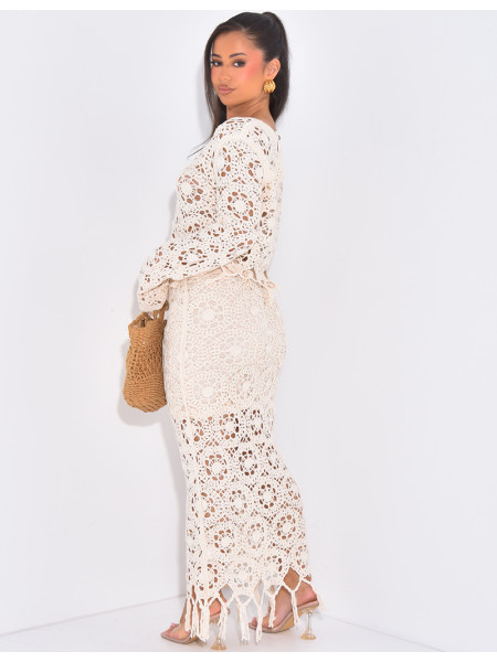 Set aus Top und Rock in Häkeloptik mit Fransen.