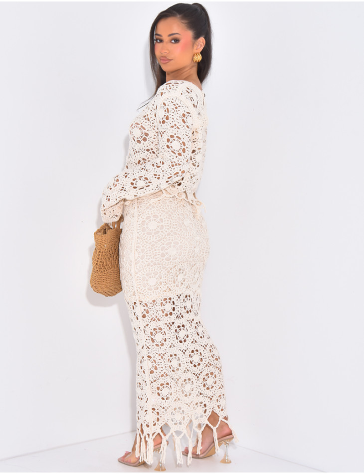 Set aus Top und Rock in Häkeloptik mit Fransen.