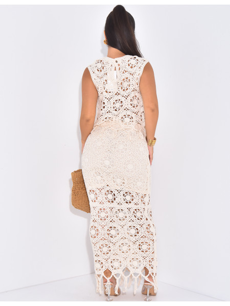 Set aus Top und Rock in Häkeloptik mit Fransen