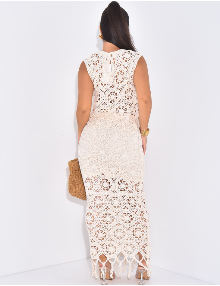 Set aus Top und Rock in Häkeloptik mit Fransen