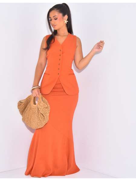 Long skirt and sleeveless cardigan in linen
