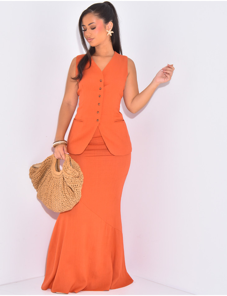 Long skirt and sleeveless cardigan in linen