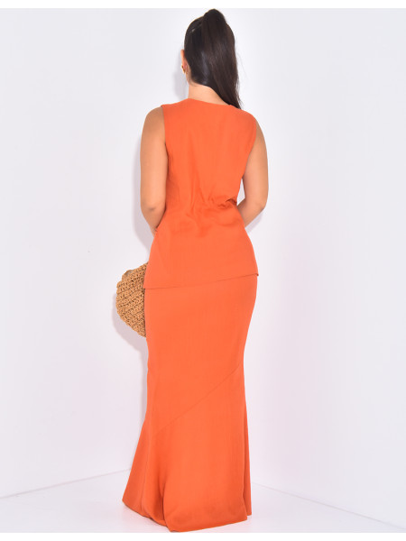 Long skirt and sleeveless cardigan in linen