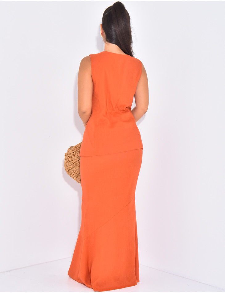 Long skirt and sleeveless cardigan in linen