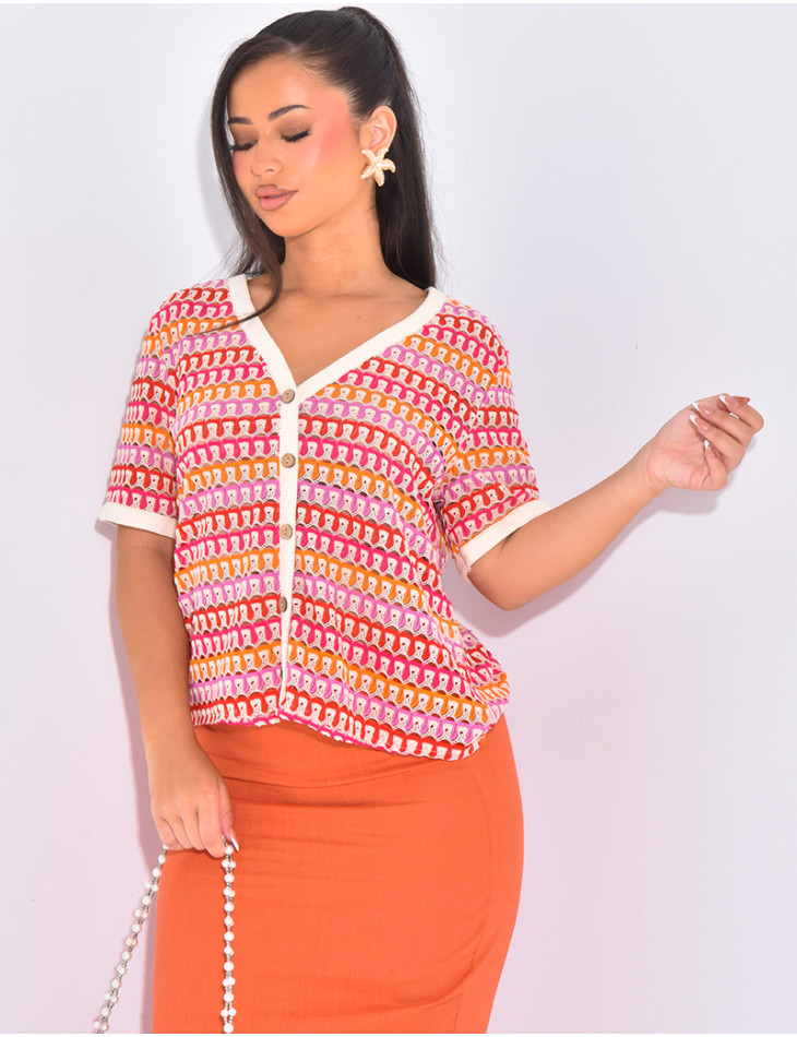 Short-sleeved multicoloured crochet cardigan