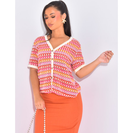 Short-sleeved multicoloured crochet cardigan