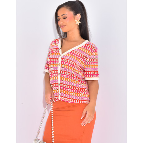 Gilet manches courtes en crochet multicolore