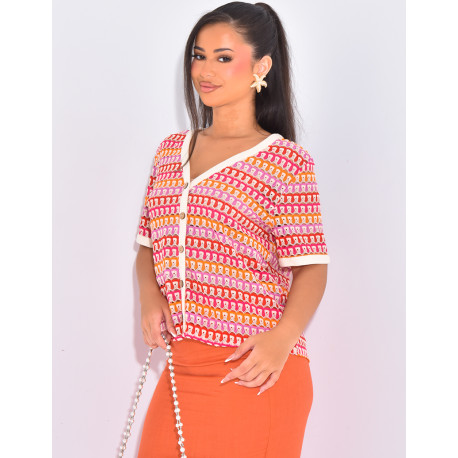 Gilet manches courtes en crochet multicolore