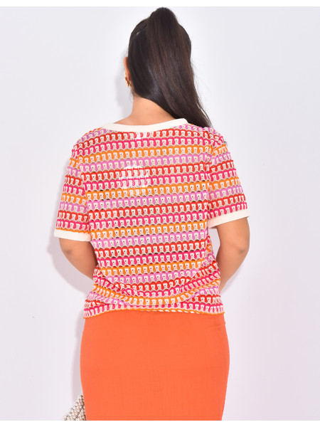 Gilet manches courtes en crochet multicolore