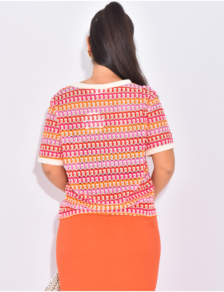 Gilet manches courtes en crochet multicolore