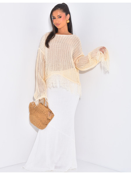 Top mit Ajourmuster in Häkeloptik mit Fransen