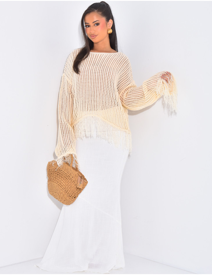 Top mit Ajourmuster in Häkeloptik mit Fransen