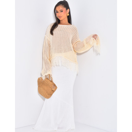 Top mit Ajourmuster in Häkeloptik mit Fransen