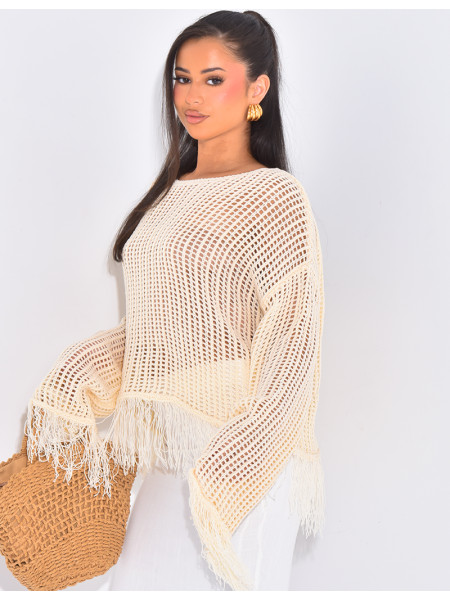 Top mit Ajourmuster in Häkeloptik mit Fransen