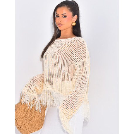 Top mit Ajourmuster in Häkeloptik mit Fransen