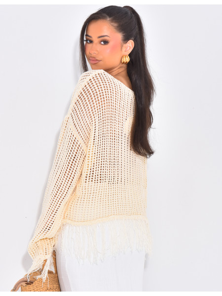 Top mit Ajourmuster in Häkeloptik mit Fransen