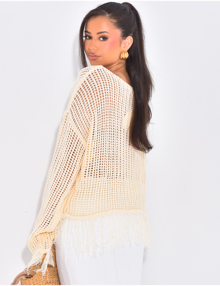 Top mit Ajourmuster in Häkeloptik mit Fransen