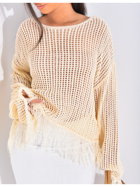 Top mit Ajourmuster in Häkeloptik mit Fransen