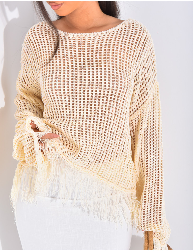 Top mit Ajourmuster in Häkeloptik mit Fransen