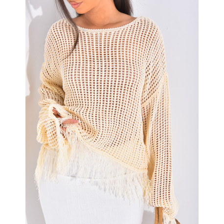 Top mit Ajourmuster in Häkeloptik mit Fransen