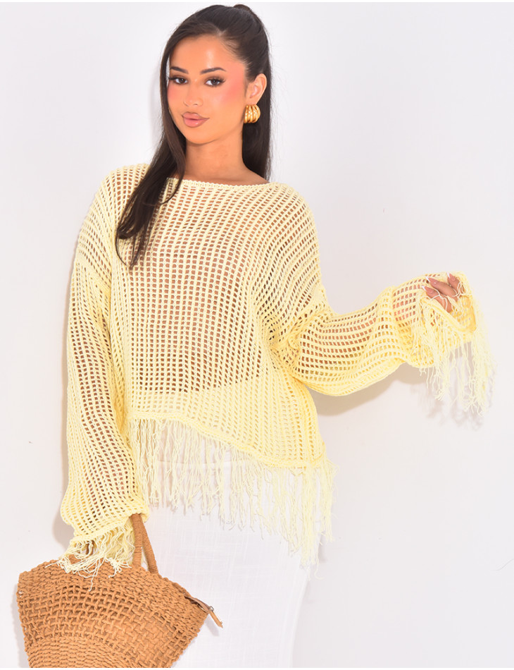 Crochet-effect openwork top with fringes