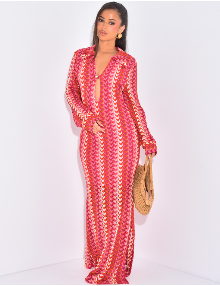 Robe longue en crochet multicolor à bouton