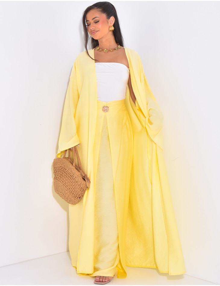 Ensemble kimono et jupe drapé en lin