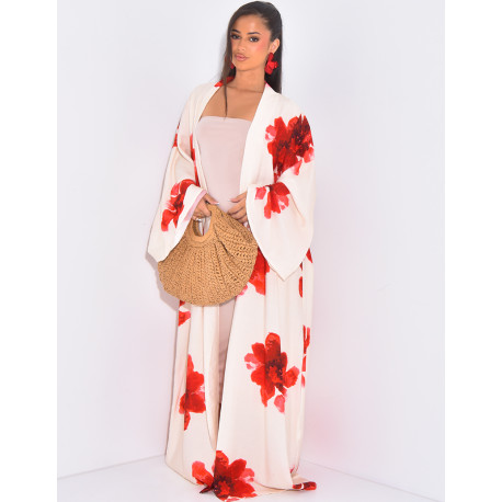 Kimono effet lin à fleurs imprimées