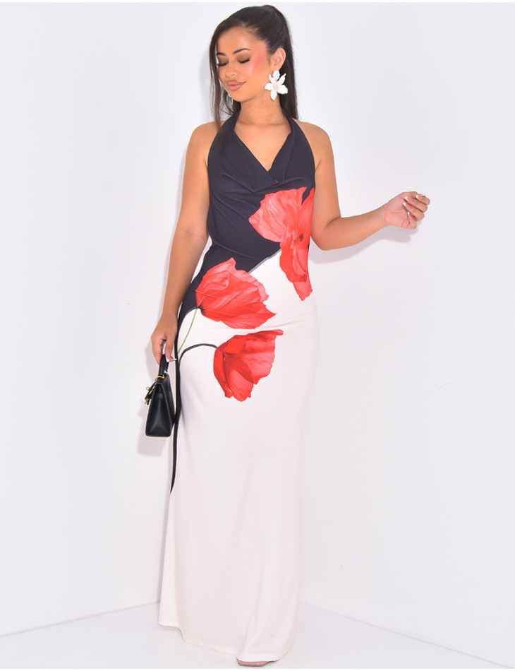 Robe longue sans manches à fleurs dos nu