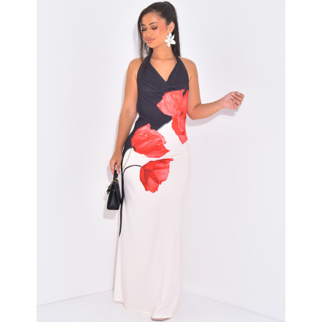 Robe longue sans manches à fleurs dos nu