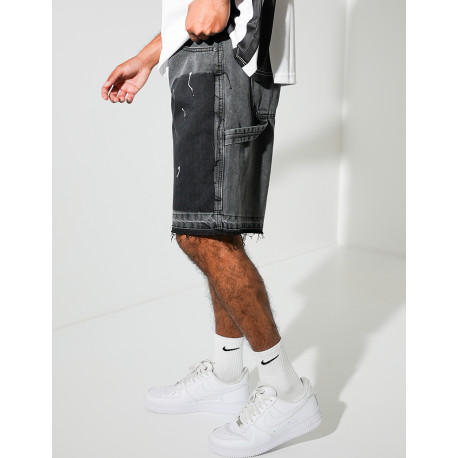 Short en jeans à empiècements contrastants & tâches de peinture