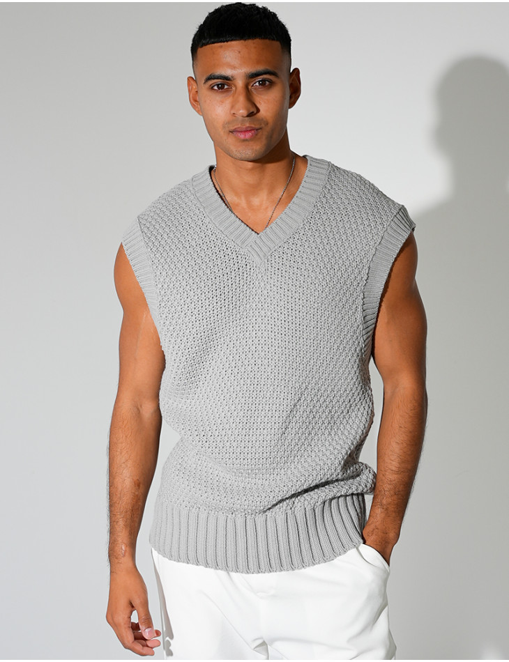 T-shirt sans manches & col V en maille