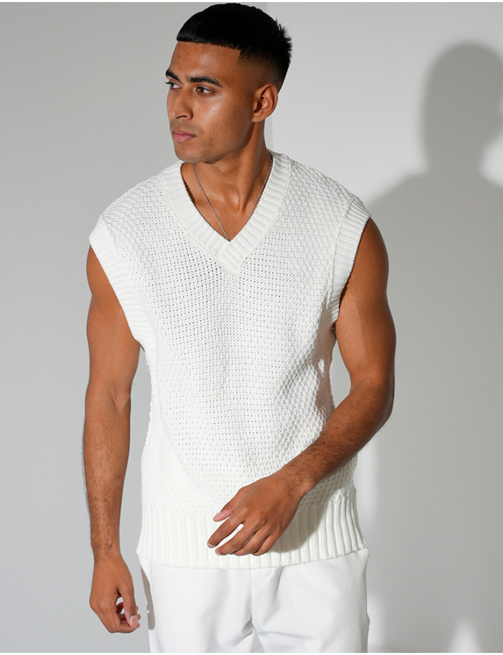 T-shirt sans manches & col V en maille