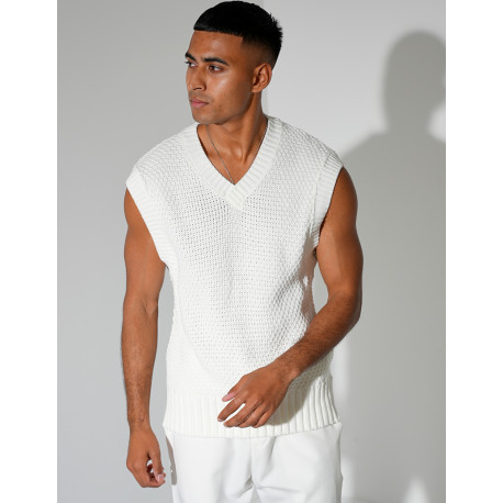 T-shirt sans manches & col V en maille