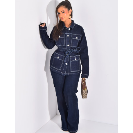 Ensemble veste en jeans à poches et jeans coupe droite