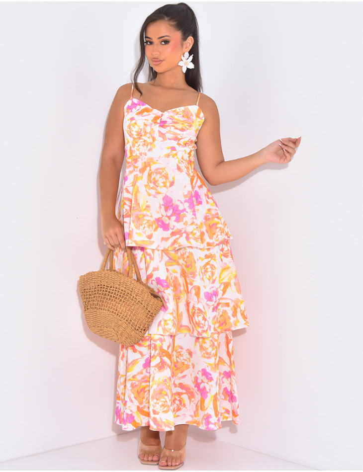 Bedrucktes Kleid mit Volants & dünnen Trägern