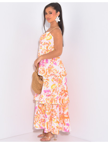 Bedrucktes Kleid mit Volants & dünnen Trägern