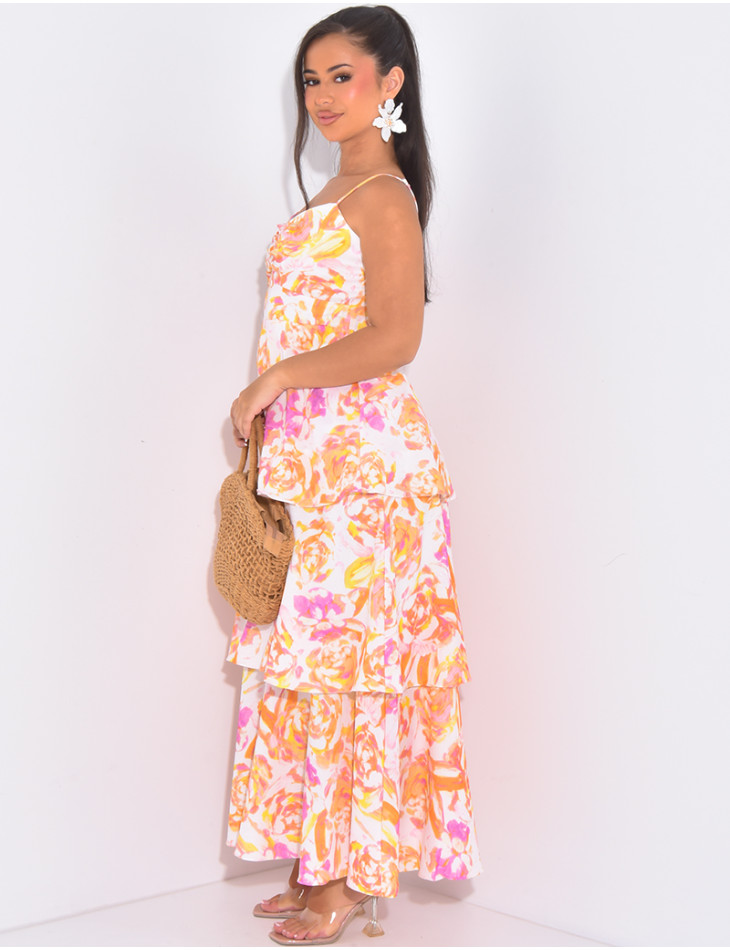 Bedrucktes Kleid mit Volants & dünnen Trägern